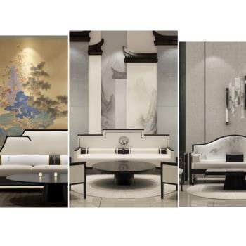 现代新中式客厅沙发茶几椅组合3D模型