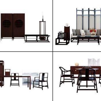 新中式沙发茶几椅子书桌组合3D模型