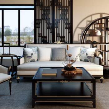 新中式客厅沙发椅子茶几组合3D模型