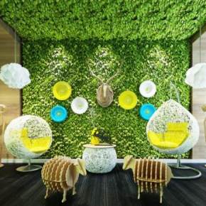 现代休闲藤椅吊灯小羊摆件植物墙组合3D模型