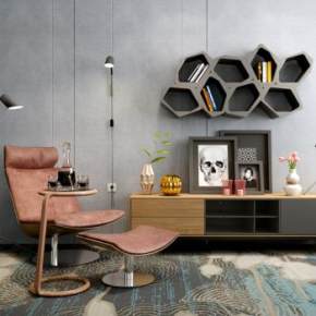 现代简约电视柜沙发躺椅灯具组合3D模型