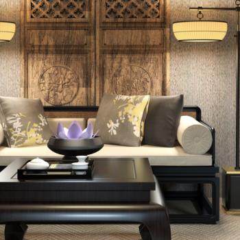 新中式客厅沙发落地灯屏风茶几组合3D模型