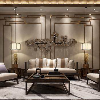 新中式客厅沙发茶几背景墙组合3D模型