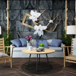 北欧户外休闲沙发躺椅绿植石头墙组合3D模型