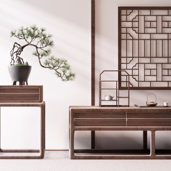 新中式禅意柜子松树盆栽3D模型
