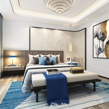 创域设计 汕头龙光御海天禧65#联排别墅样板房卧室 新中式卧室3D模型