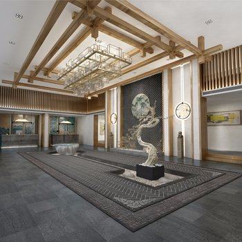 新中式民宿酒店大堂3D模型