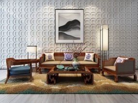 中式沙发茶几背景墙落地灯组合3D模型
