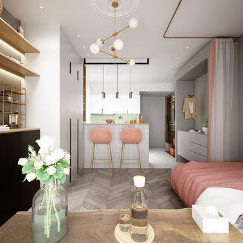 现代小户型客厅卧室厨房组合3D模型
