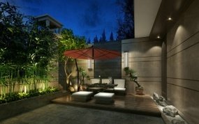 现代阳台花园绿竹遮阳伞组合3D模型
