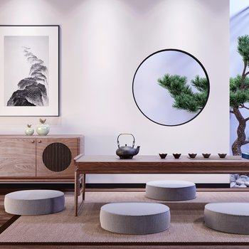 新中式茶桌边柜组合3D模型