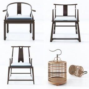 中式实木单椅圈椅鸟笼组合3D模型