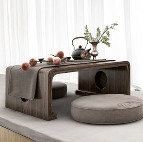 中式茶台坐垫茶具桃子窗帘组合3D模型