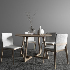 北欧实木圆形餐桌椅摆件组合3D模型