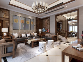 中式复式客厅餐厅玄关3D模型