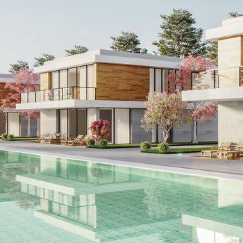 现代联排别墅游泳池外观3D模型
