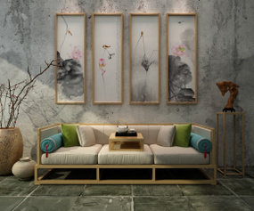 新中式多人沙发装饰画茶几组合3D模型