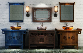中式实木明清台盆卫浴柜架壁灯组合3D模型
