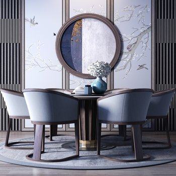 新中式圆形餐桌椅组合3D模型