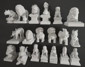中式石狮大象龙雕塑组合3D模型