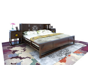 中式实木双人床床头柜3D模型