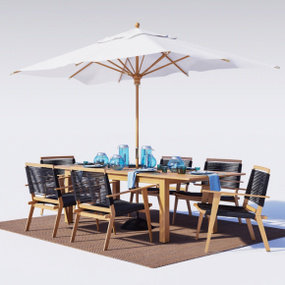 现代实木户外餐桌椅餐具落地伞组合3D模型