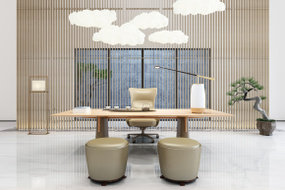 新中式书桌椅云朵吊灯屏风组合3D模型