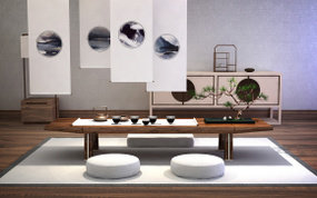 中式茶桌边柜茶具组合3D模型