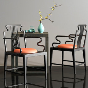 新中式实木单椅方几茶几花艺组合3D模型