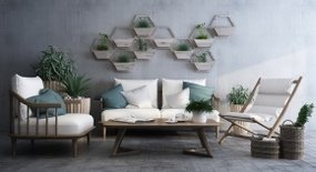新中式实木户外沙发休闲椅茶几盆栽组合3D模型