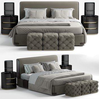 意大利 芬迪 Fendi 现代布艺双人床床头柜组合3D模型