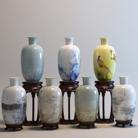 中式陶瓷花瓶花架组合3D模型