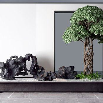 新中式松树太湖石组合盆景3D模型