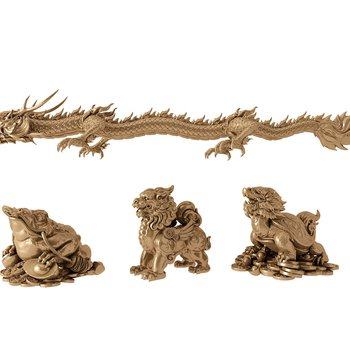 中式雕塑金蟾龙金龟麒麟3D模型
