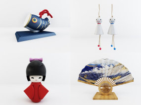 日式晴雨娃娃扇子摆件组合3D模型