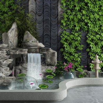 中式流水喷泉景观小品3D模型