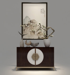 新中式实木端景柜装饰画摆件组合3D模型