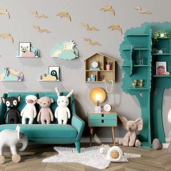 现代儿童沙发书架墙饰3D模型