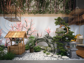 中式古井松树枯枝鸟笼组合3D模型