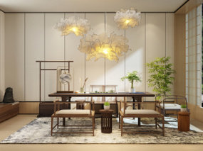 新中式茶台圈椅吊灯组合3D模型