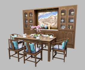 中式餐桌椅酒柜组合3D模型