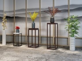 新中式角几花瓶花艺摆件盆栽组合3D模型