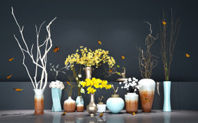 中式陶瓷花瓶插花组合3D模型