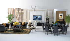 美式沙发茶几餐桌椅电视背景墙组合3D模型