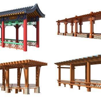中式景观长廊廊架葡萄架组合3D模型