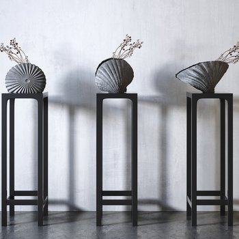 新中式禅意装饰贝壳花架摆设组合3D模型