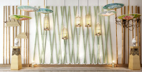 中式竹竿油纸伞灯鸟笼装饰灯挂件组合3D模型