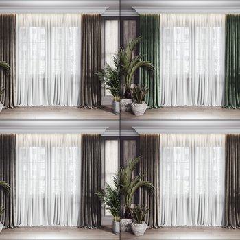 现代窗帘盆栽组合3D模型