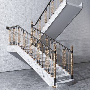 简欧描金实木栏杆楼梯3D模型