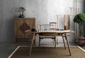 新中式实木书桌椅装饰柜盆栽组合3D模型
